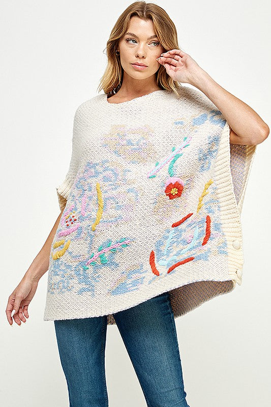 IVORY SHORT SLEEVE EMBROIDERED FLORAL PONCHO SWEATER-See and Be Seen-Sissy Boutique