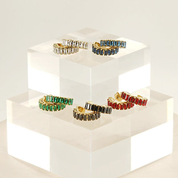 18K Gold Plated Inlayed Black Stone Beveled Hoop Studs | Sissy Boutique