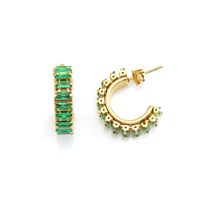18K Gold Plated Inlayed Emerald Green Beveled Hoop Studs | Sissy Boutique