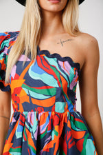 ABSTRACT NAVY ONE SHOULDER RUFFLE DRESS-Peach Love California-Sissy Boutique