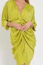 Lime Green Ruched V-Neck 3/4 Sleeve Midi Dress Aakaa