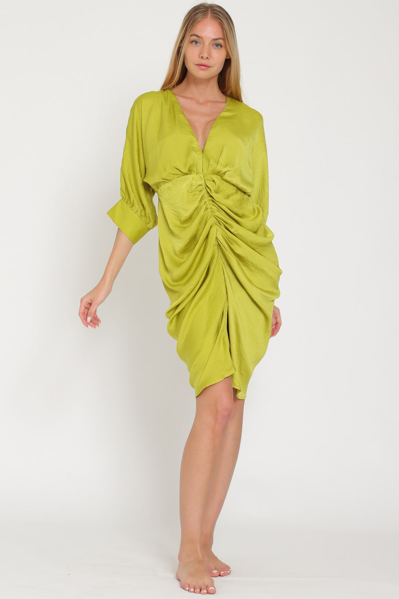 LIME GREEN RUCHED V-NECK 3/4 SLEEVE MIDI DRESS-Aakaa-Sissy Boutique