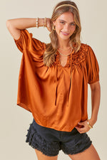 Rust Ruffle Detail Tie Neck Blouse Sissy Boutique