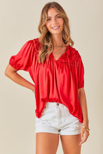 Red Ruffle Detail Tie Neck Blouse Sissy Boutique