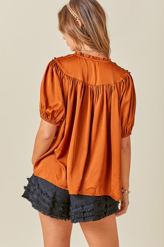 RUST RUFFLE DETAIL TIE NECK BLOUSE-Sissy Boutique-Sissy Boutique