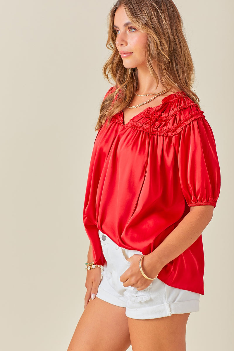 RED RUFFLE DETAIL TIE NECK BLOUSE-Sissy Boutique-Sissy Boutique