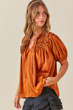 RUST RUFFLE DETAIL TIE NECK BLOUSE-Sissy Boutique-Sissy Boutique