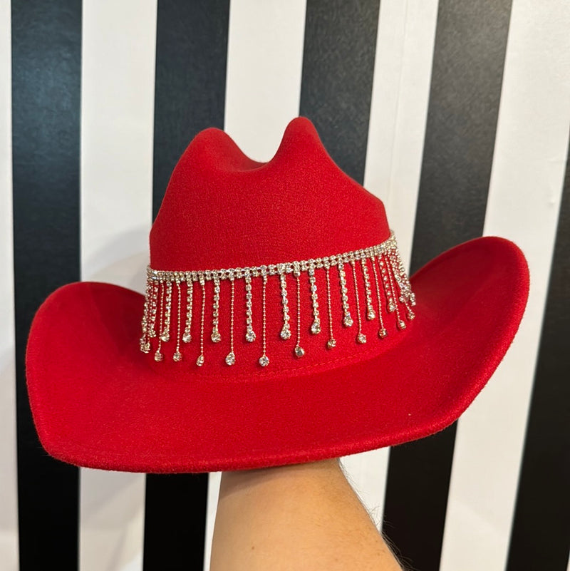 RED COWBOY HAT WITH CASCDING DIAMOND DETAILING-Sissy Boutique-Sissy Boutique