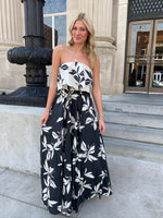 BLACK AND WHITE FLORAL MAXI DRESS WITH COLOR-BLOCK FLOUNCED TOP AND TIE WAIST-Aakaa-Sissy Boutique