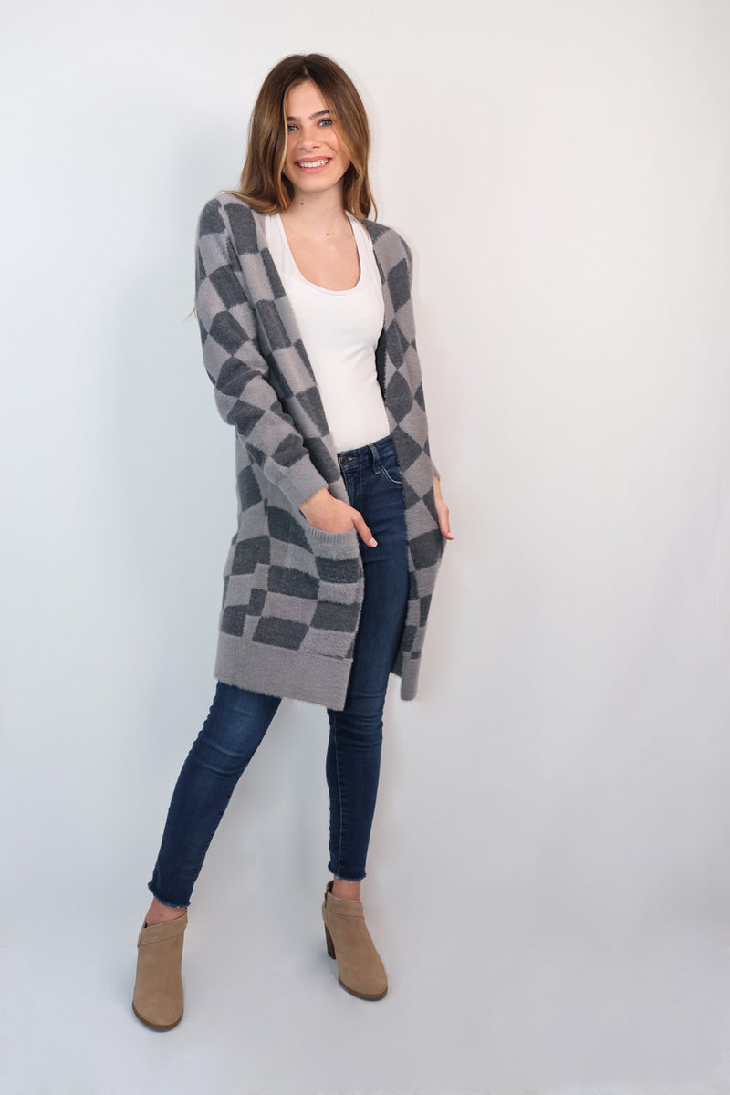 SIMPLY SOUTHERN FUZZY BLACK AND GREY CHECKERED CARDIGAN-Simply Southern-Sissy Boutique