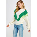 CONTRAST RUFFLED ACCENT CABLE KNIT SWEATER: OFF-WHITE/ EMERALD-Strut & Bolt-Sissy Boutique