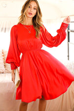 RED PUFF LONG SLEEVE SATIN DRESS WITH SEQUIN CUFFS-Vine & Love-Sissy Boutique