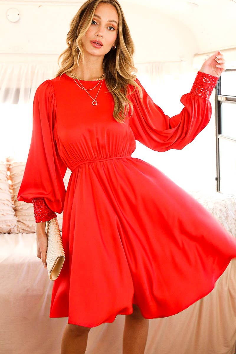 Red Puff Long Sleeve Satin Dress with Sequin Cuffs No Vine & Love