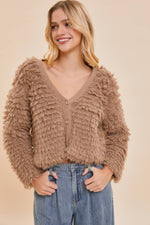 V-NECK TAUPE FUZZY KNIT CARDIGAN-Mustard Seed-Sissy Boutique