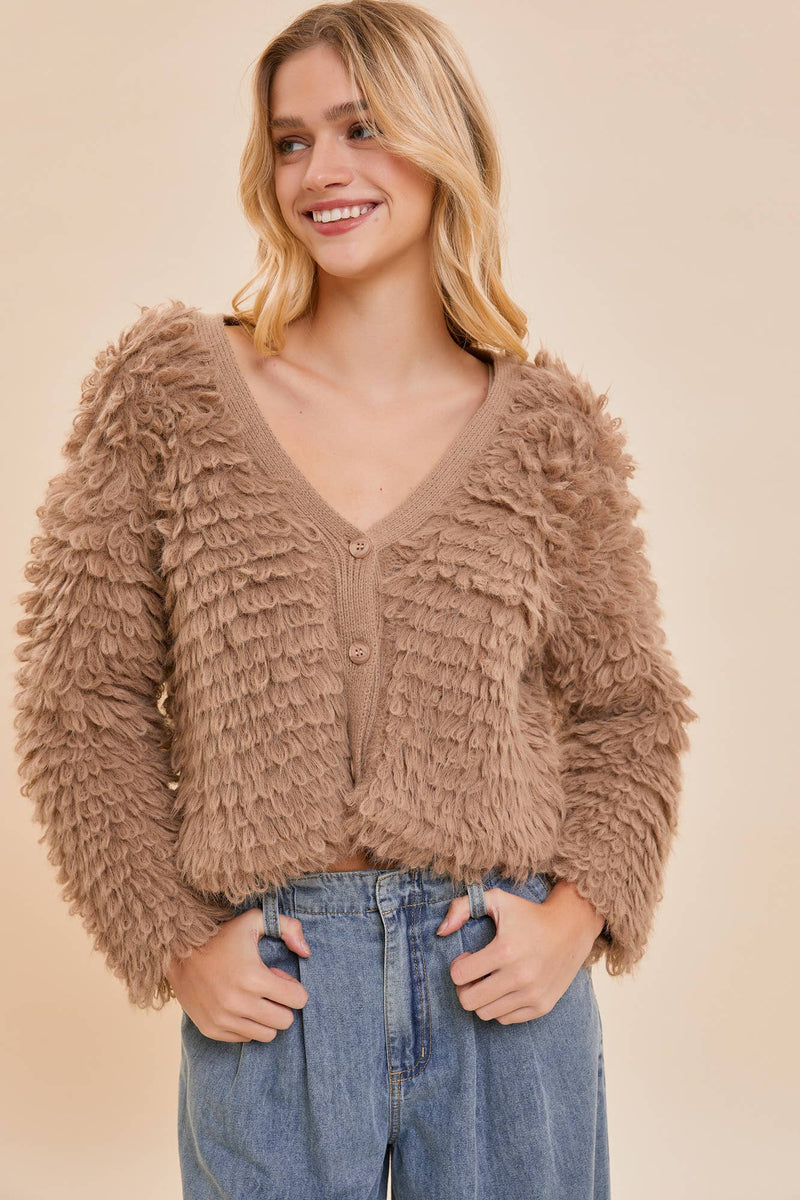 V-NECK TAUPE FUZZY KNIT CARDIGAN-Mustard Seed-Sissy Boutique