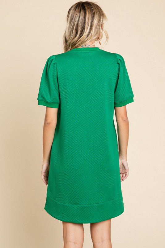 KELLY GREEN SHORT SLEEVE TEXTURED DRESS-Jodifl-Sissy Boutique