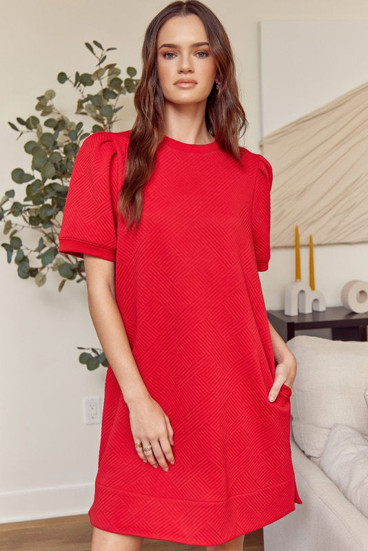 RED SHORT SLEEVE TEXTURED DRESS-Jodifl-Sissy Boutique