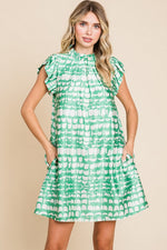 Green And White Satin Print Dress With Pockets-Jodifl-Sissy Boutique