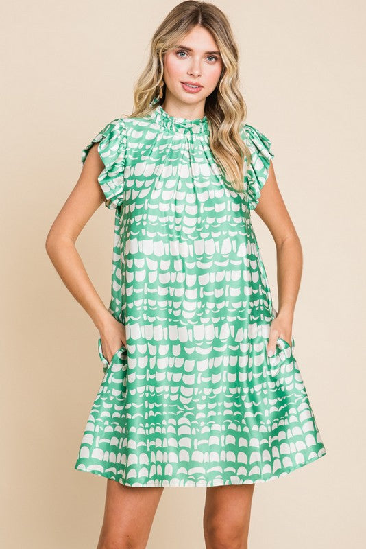 Green And White Satin Print Dress With Pockets-Jodifl-Sissy Boutique