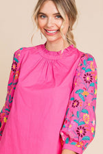 Bubble Gum Pink 3/4 Sleeves Top With Embroidery And Button Back-Jodifl-Sissy Boutique