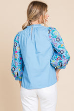 Baby Blue 3/4 Sleeves Top with Embroidery and Button Back Jodifl