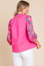 Bubble Gum Pink 3/4 Sleeves Top with Embroidery and Button Back Jodifl