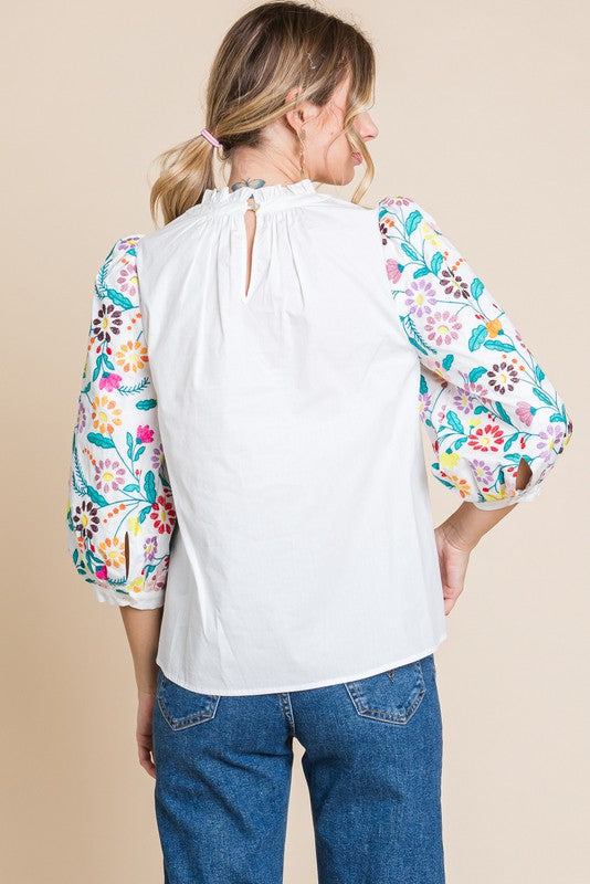 White 3/4 Sleeves Top with Embroidery and Button Back Jodifl