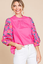 Bubble Gum Pink 3/4 Sleeves Top with Embroidery and Button Back Jodifl