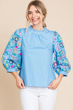 Baby Blue 3/4 Sleeves Top with Embroidery and Button Back Jodifl