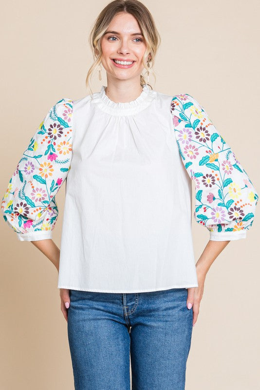 White 3/4 Sleeves Top with Embroidery and Button Back Jodifl