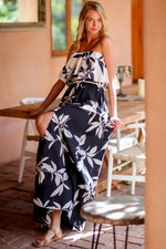 BLACK AND WHITE FLORAL MAXI DRESS WITH COLOR-BLOCK FLOUNCED TOP AND TIE WAIST-Aakaa-Sissy Boutique
