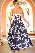 Black and White Floral Maxi Dress with Color-Block Flounced Top and Tie Waist Aakaa