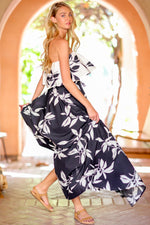 Black and White Floral Maxi Dress with Color-Block Flounced Top and Tie Waist Aakaa