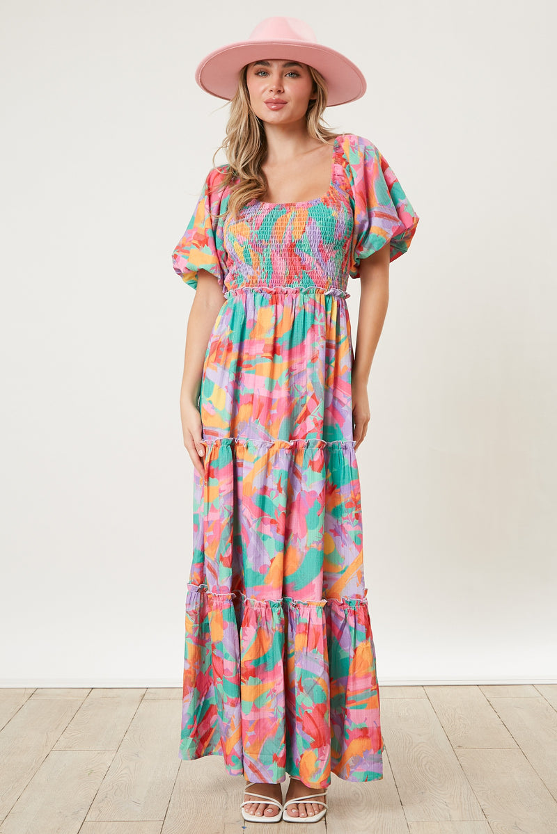 Tiered Floral Maxi Dress With Puff Sleeves And Smocked Detailing Peach Love California