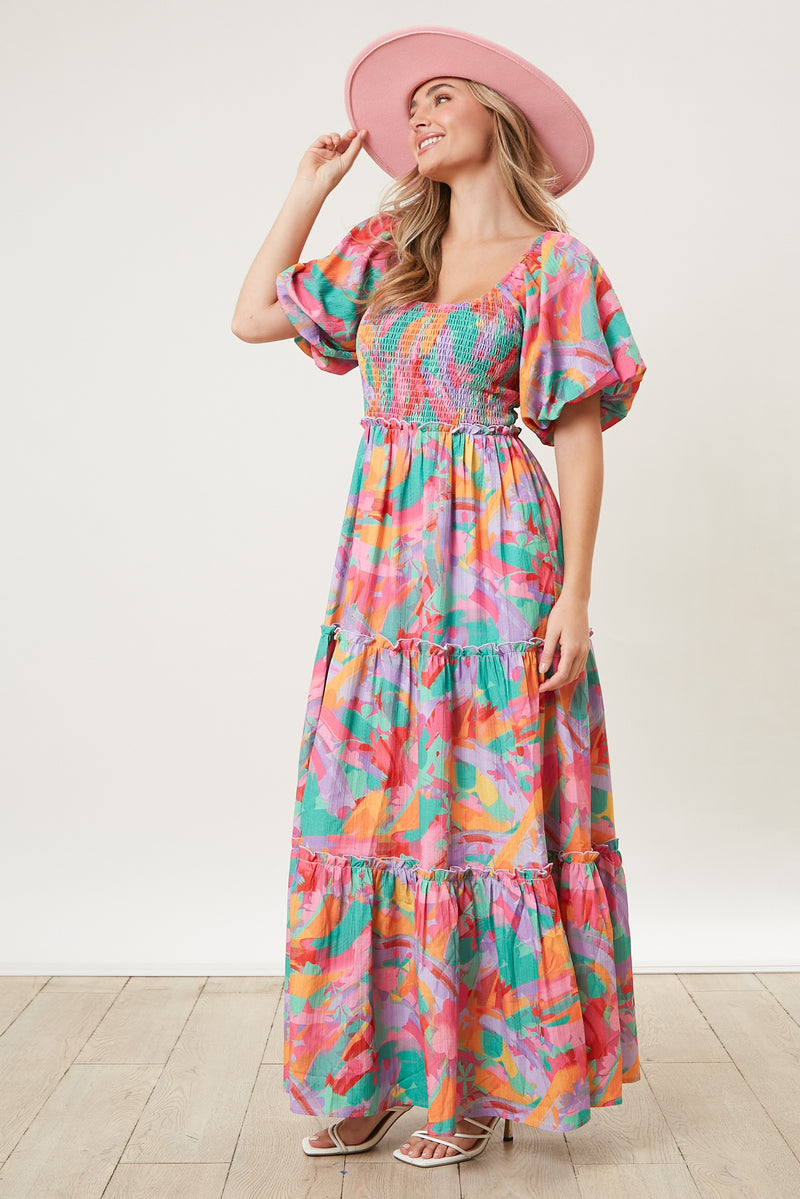 TIERED FLORAL MAXI DRESS WITH PUFF SLEEVES AND SMOCKED DETAILING-Peach Love California-Sissy Boutique