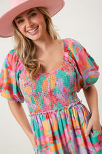 Tiered Floral Maxi Dress With Puff Sleeves And Smocked Detailing Peach Love California