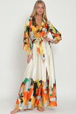 MULTICOLORED ABSTRACT SURPLICE V-NECK LONG SLEEVE SATIN MAXI-Aakaa-Sissy Boutique