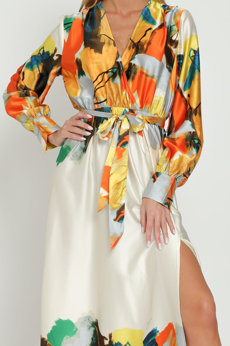 MULTICOLORED ABSTRACT SURPLICE V-NECK LONG SLEEVE SATIN MAXI-Aakaa-Sissy Boutique