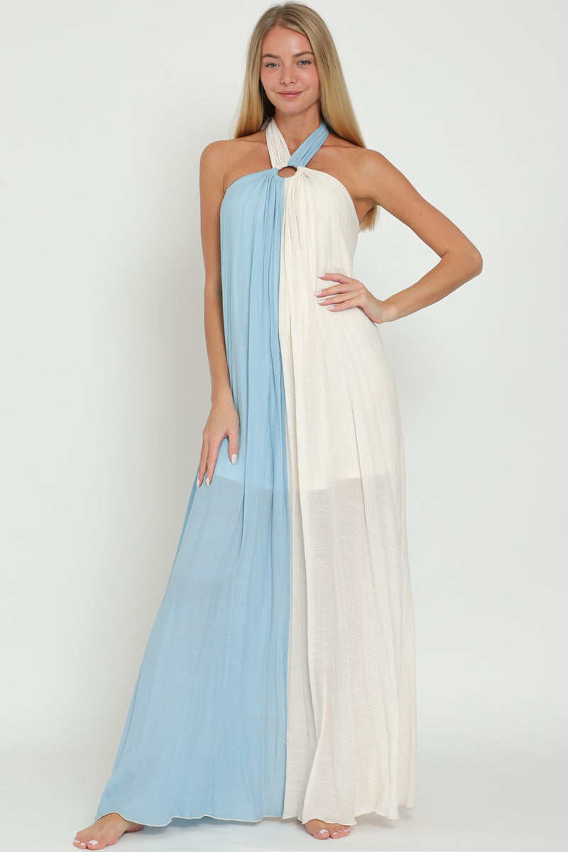 Baby Blue and White Color Block Halter Maxi Dress Aakaa