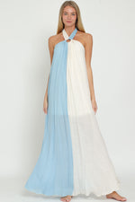 Baby Blue and White Color Block Halter Maxi Dress Aakaa