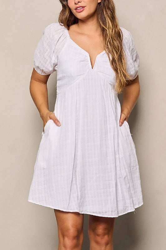 WHITE SHORT PUFF SLEEVE PLAID LIGHTWEIGHT DRESS WITH LACE TIE AND SMOCKED BACK V WIRE AND POCKETS-Sissy Boutique-Sissy Boutique