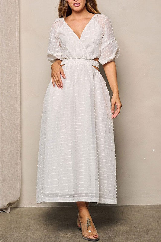 WHITE SHORT SLEEVE V-NECK MAXI DRESS WITH WAIST CUT OUTS-Sissy Boutique-Sissy Boutique