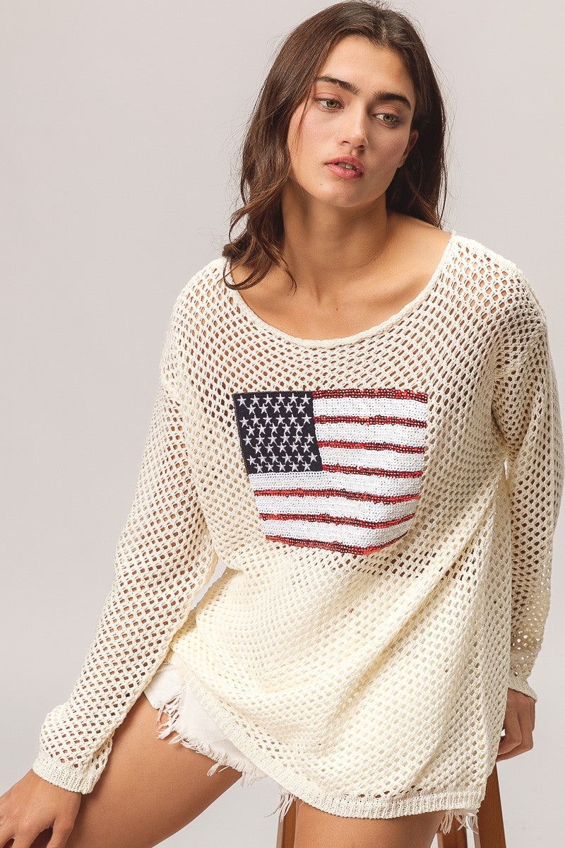 OFF-WHITE SEQUIN AMERICAN FLAG MESH LONG SLEEVE SWEATER-Bibi-Sissy Boutique