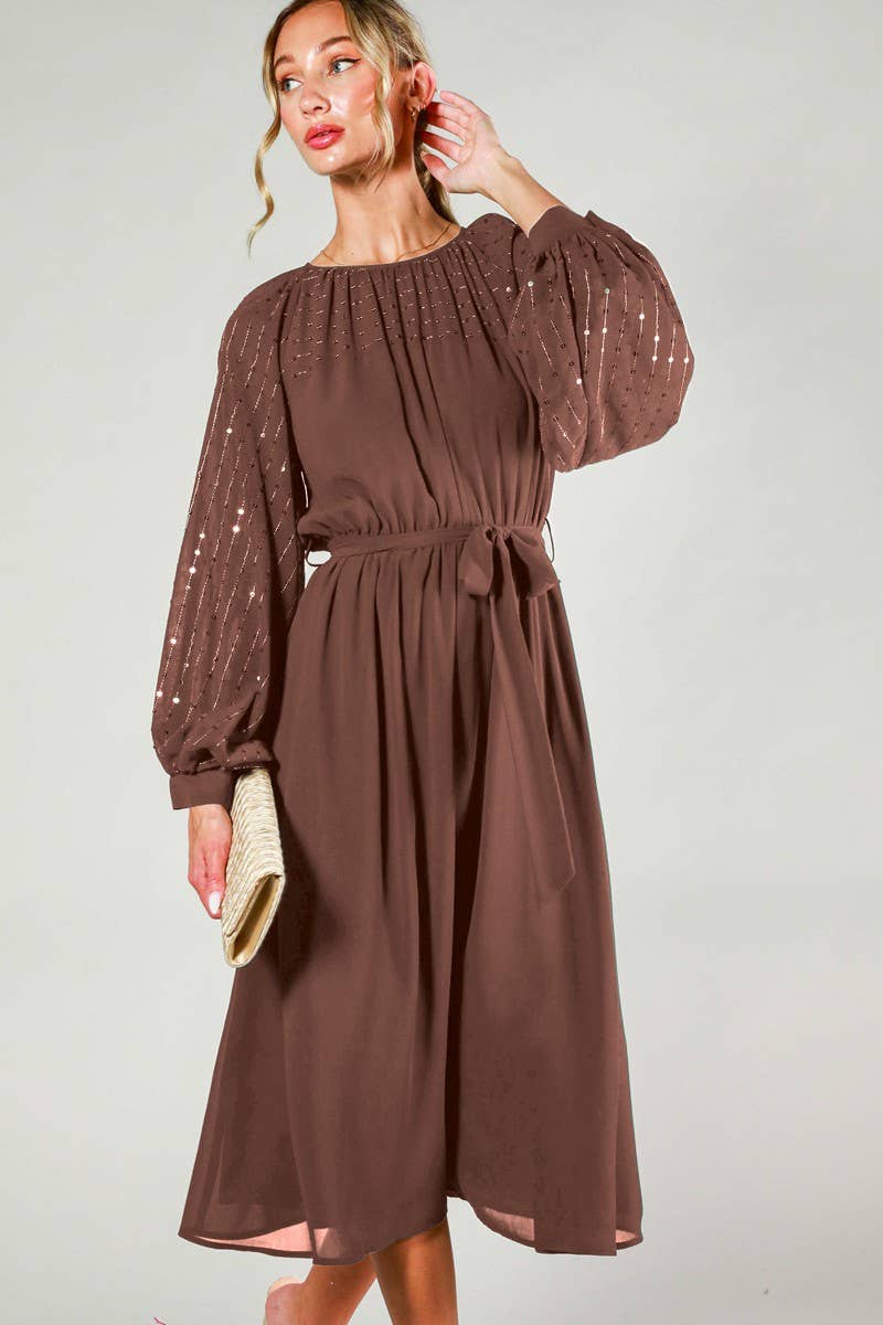 MOCHA PARTY MIDI DRESS WITH SEQUINED SLEEVE DETAILING-Vine & Love-Sissy Boutique