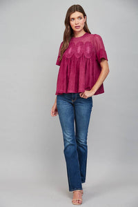 Mocha Brown Suede Top with Sheer Mesh Uppere Panel with Lace Applique | FATE