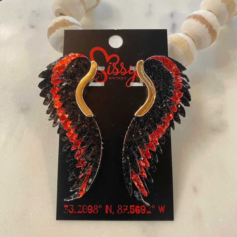 RED AND BLACK GLITTER FULL ANGEL WING EARRINGS-Sissy Boutique-Sissy Boutique