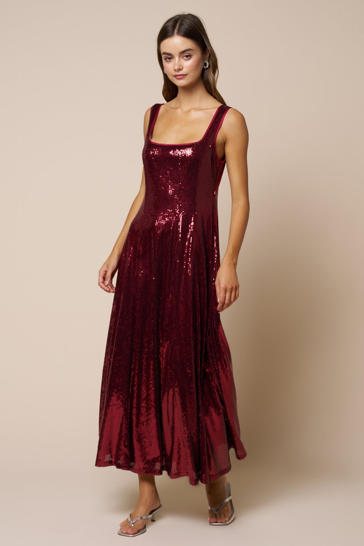 Burgundy Sequined Fit & Flare Maxi Dress | Lalavon