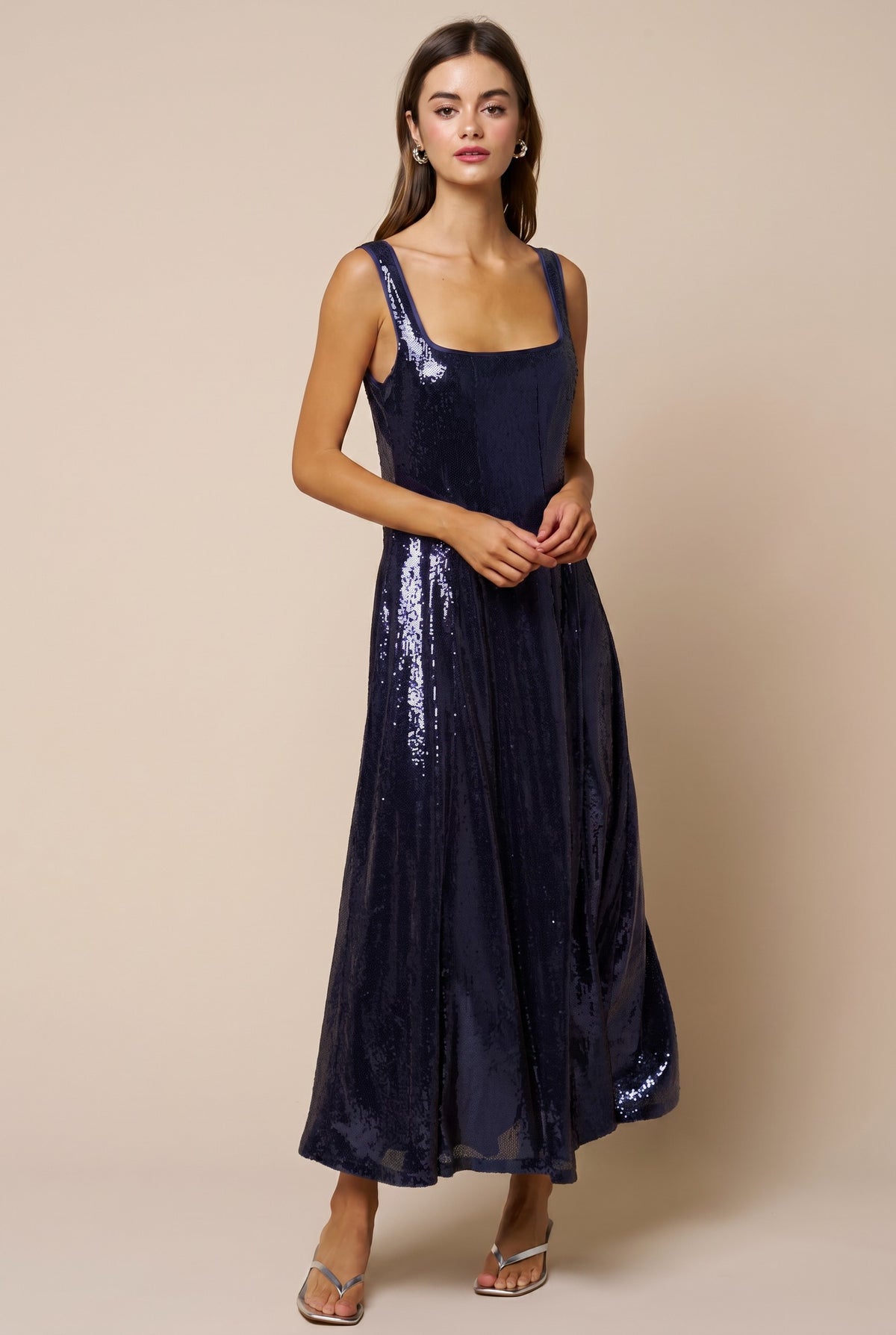 Navy Sequined Fit & Flare Maxi Dress | Lalavon