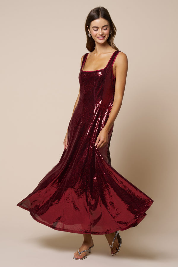 Burgundy Sequined Fit & Flare Maxi Dress | Lalavon
