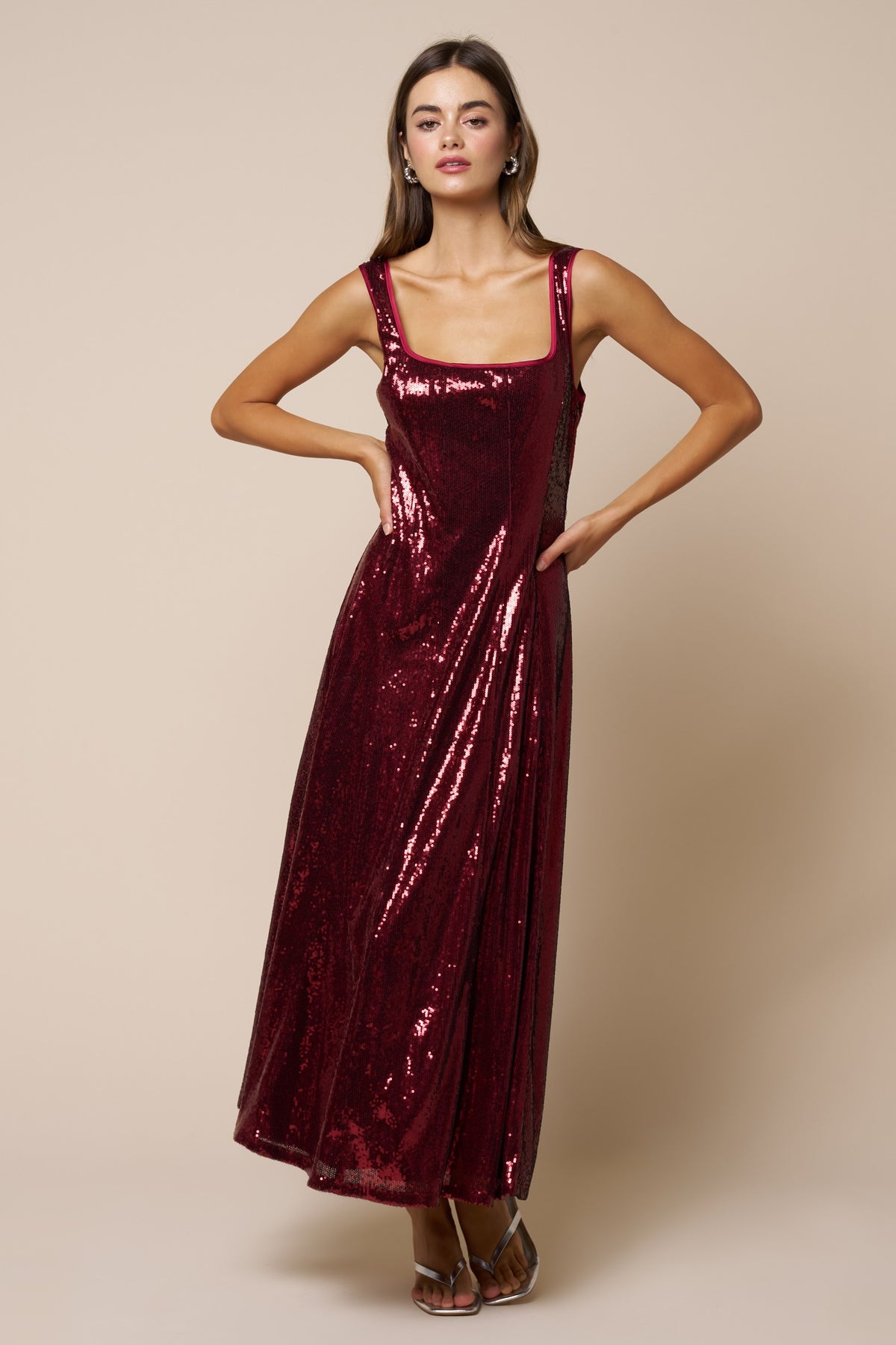 Burgundy Sequined Fit & Flare Maxi Dress | Lalavon